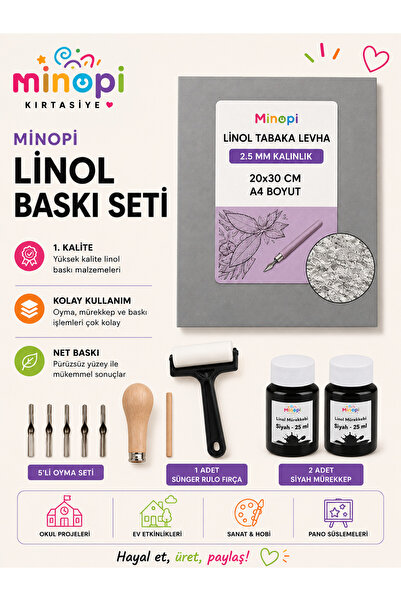 Minopi Linol Tabaka Levha 2.5 Mm 20X30 Cm , 2x Siyah Mürekkep , Rulo Sünger ,...