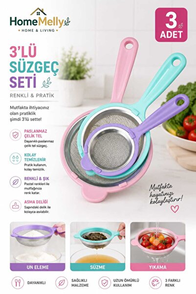 btm home Stainless Steel 3-Piece Strainer Set-Stainless Wire Strainer