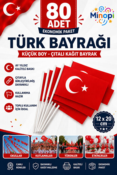 Minopi ( 80 Adet ) Vatan Küçük Boy Çıtalı Kağıt Türk Bayrağı Ay Yıldız Bayrak...