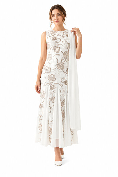 unbranded Women's Ivory Floral Embroidered Midi Evening Dress with Chiffon Sc...