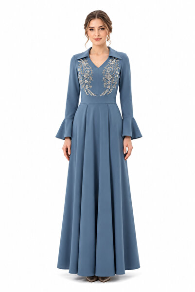 unbranded Women's Steel Blue Embroidered Maxi Evening Dress with V-Neck & Bel...