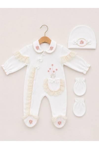 Kardeşler Bebe Lace Floral Embroidered Baby Girl Jumpsuit Beanie Glove Set