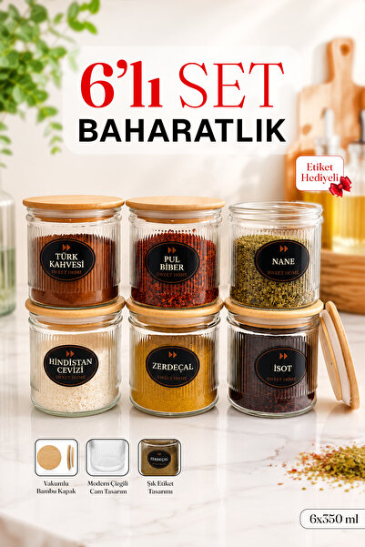 emdeco Set of 6 Glass Spice Jars – 350 ml Spice Storage Jars with Bamboo Lids...