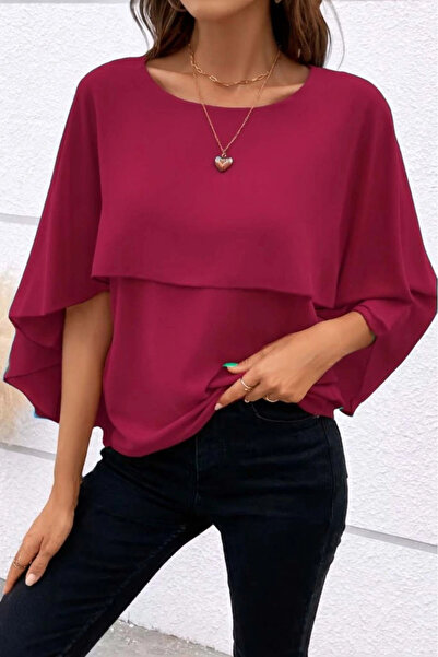 Generic Brand Women's Short Sleeve Round Neck Wide Cut Bat Sleeve Sandy Blouse