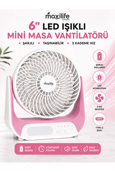 Maxilife Breeze MG-5146F Şarjlı Mini Masa Vantilatörü LED Işıklı 3 Kademeli U...