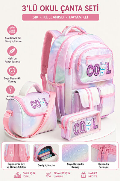 MİECZ BAGS Kore Tarzı Ergonomik Cool Yazılı Renkli İlkokul & Ortaokul Kız Bes...