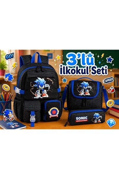 WMİLANO Kore Kawai Siyah Sonic Temalı Erkek İlkokul Çantası Termal Beslenme Ç...