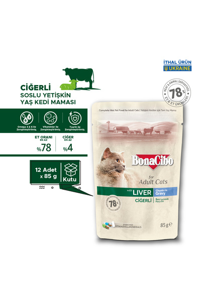 BonaCibo Soslu Ciğerli Pouch Yaş Kedi Maması, 85 Gr x 12 Adet