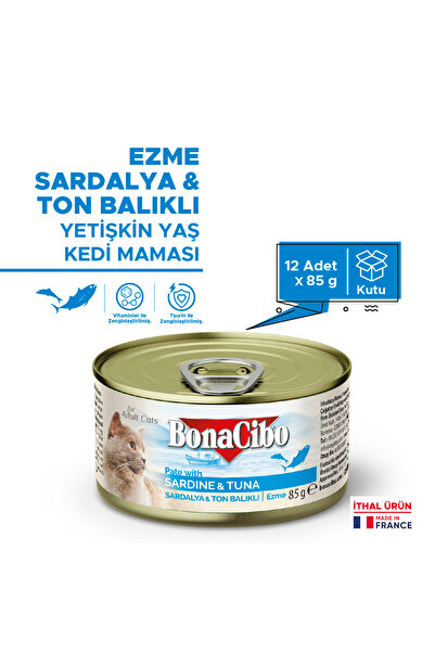 BonaCibo Ezme Sardalya-Ton Balıklı Yaş Kedi Maması 85 Gr X 12 Adet