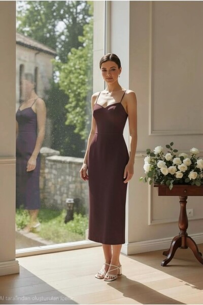 ENDAMIM Sweetheart Neckline Scuba Midi Dress Slim Fit Slit Zipper Wedding Wed...