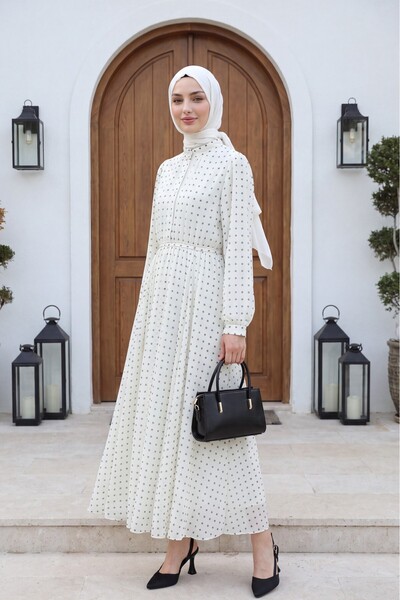 Modamorfo Lined, Elastic Waist, Polka Dot Patterned Long Chiffon Dress -White