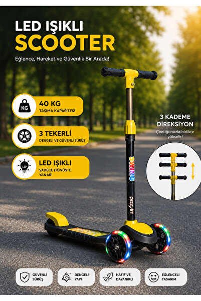 POZART Scooter Yeni Swing 3tekerli Led Işıklı 40Kğ Kapasiteli 3+Yaş Uygun