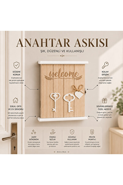 e-life shop Ahşap Anahtar Tasarımlı Home Sweet Home Anahtar Askısı Welcome Du...