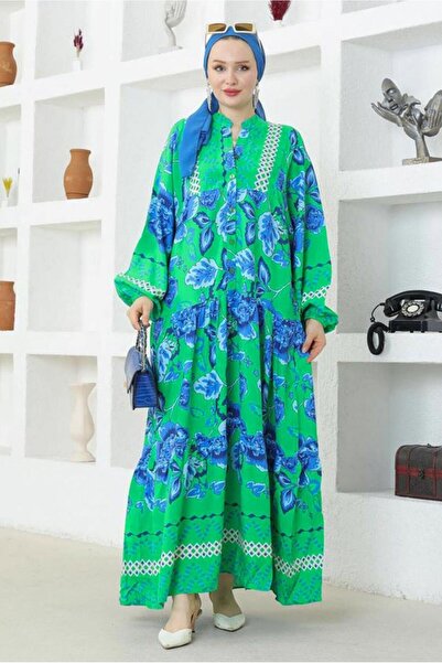 TRENDTESETTÜR KADIN YEŞİL (BENETTON) DESENLİ VİSKON ELBİSE T 8717