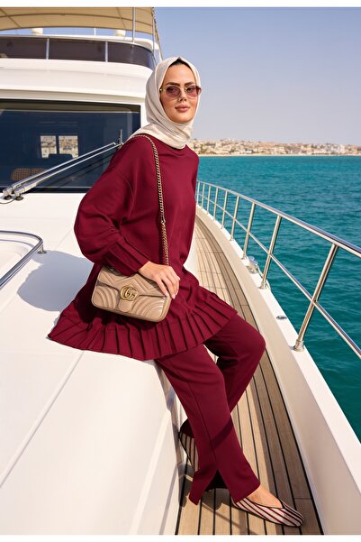 Aselim Hijap Moda Alisa Pileli Premium Modal Kumaş Tesettür İkili Takım – Bordo