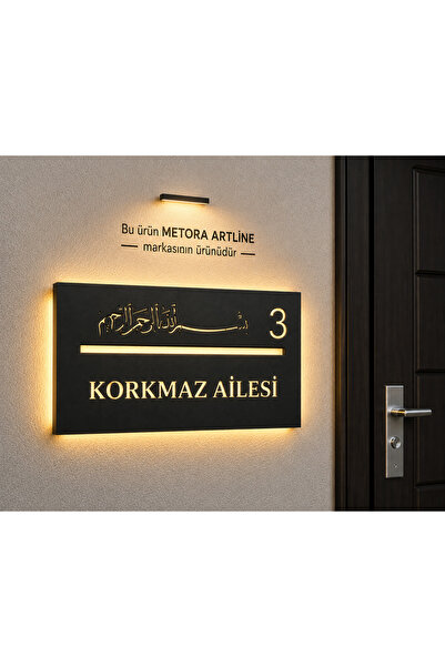 metora SİYAH renk 3 kademe LED'li BESMELE Kapı İsimliği –4 MM MDF Kişiye Özel