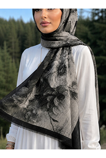 YS COLLECTION Siyah Çiçek Desenli Bambu Tesettür Şal