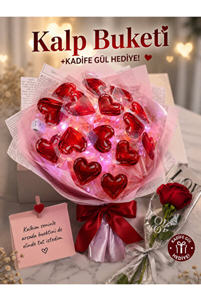 İNCİ sepette kalp motifli ışıklı buket romantik hediye demeti