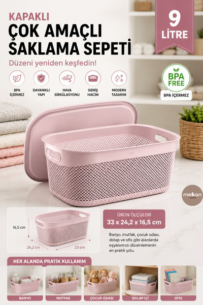Melkan Home Kapaklı Çok Amaçlı 9 Litre Saklama Sepeti – Kapaklı Sepet, Dayanı...