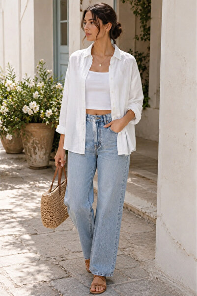 The Cotton Women's White Muslin Oversize Casual Cut Buttoned Shirt
