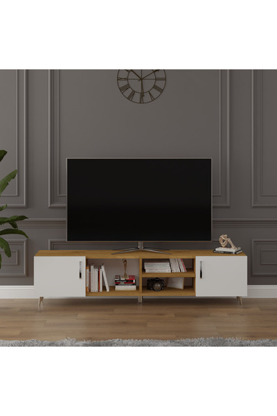 asratrend Modern TV Ünitesi %100 MDF Kapaklı Ahşap Ayaklı Televizyon Sehpası ...