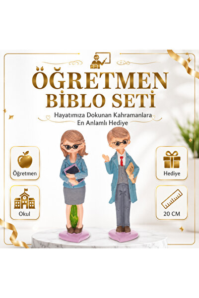 e-life shop Lüks Öğretmen Biblo 2'li Set 20 Cm Dekoratif Reçine Heykel Öğretm...