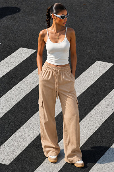 Seeh بنطلون نسائي من قماش الموسلين باللون البيج - تفاصيل الجيب، خصر مطاطي SH186