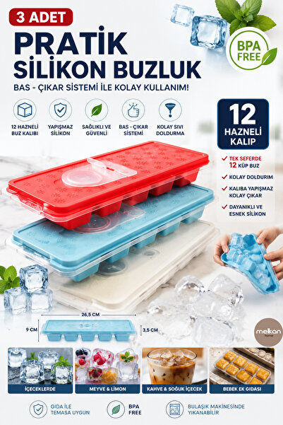 Melkan Home 3'lü Silikon Buz Kalıbı Seti – 12 Hazneli Pratik Bas Çıkar Yapışm...