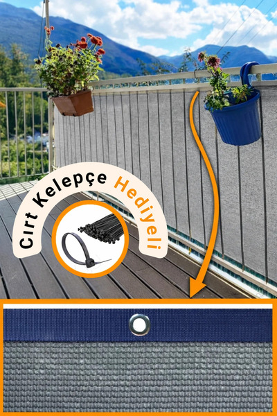 Morilu %95lik Gri Renk BALKON PERDESİ - Lacivert Şeritli Halkalı - Balkon Dem...