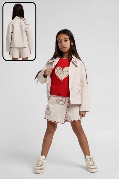 Minigimin Cicileri Heart Embroidered Stone Detailed Skirt 3-Piece Girls' Set ...