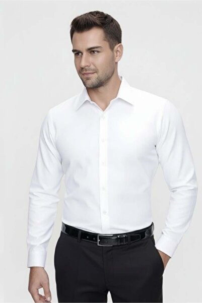 Efor Erkek Slim Fit Pamuklu Saten Klasik Beyaz Gömlek Gk 624