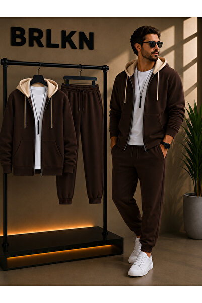 BRLKN Color-Blocked Hooded Zippered Cardigan Tracksuit Set, Thick 3-Thread Fa...