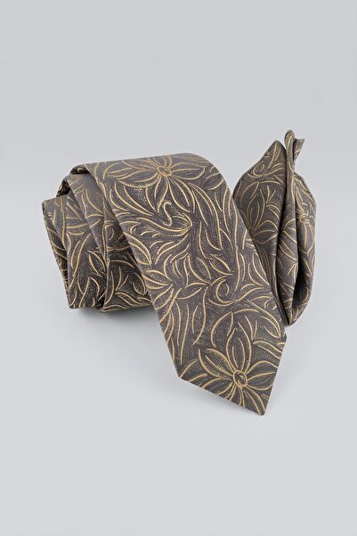 Milleniva Retro Shawl Patterned Gray Gold Tie & Handkerchief