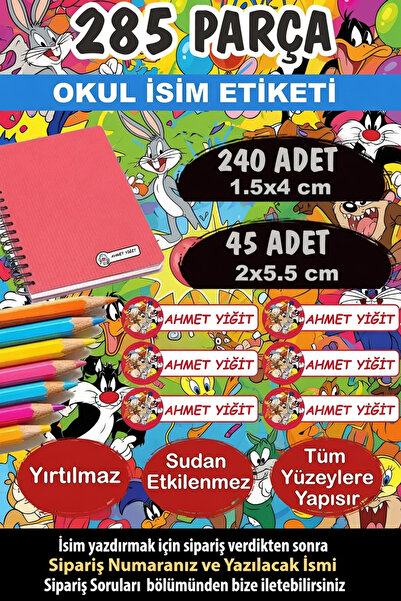 Kt Grup Okul Etiketi Kalem Defter Etiketi Looney Tunes Temalı Özel Isimli Eti...