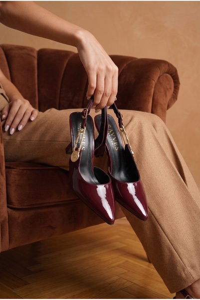 Savves Pointed-Toe Buttoned Buckled Burgundy Patent Leather Stiletto Heel Shoes