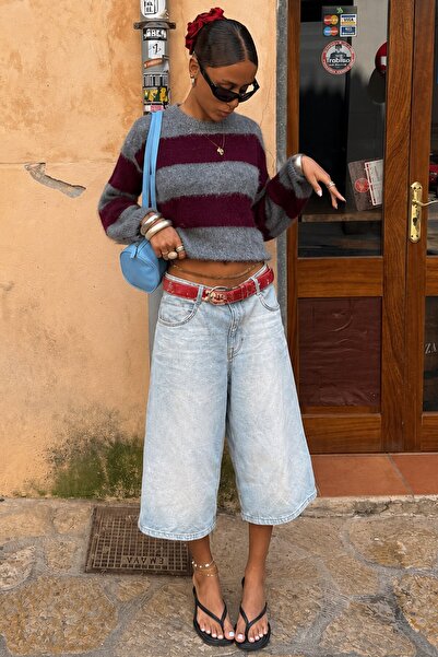 Madmext Burgundy Crew Neck Striped Knitwear Women's Sweater Mg2472