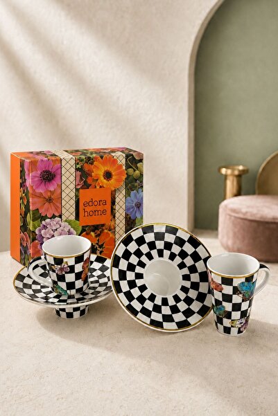 Edora Home Turkish Coffee Cup Set, Snap-On Checkerboard Pattern, Butterfly De...