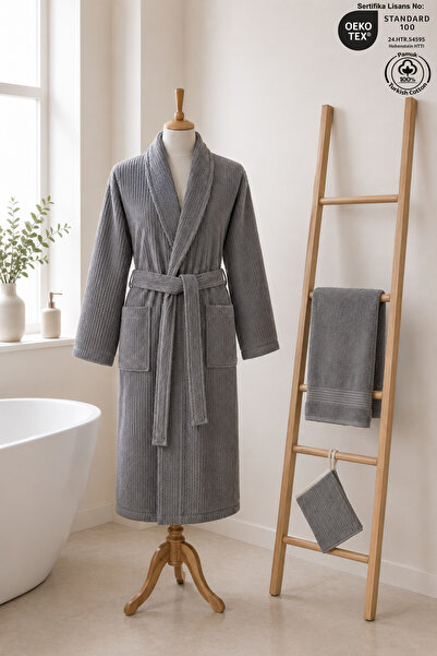 Ellaline Eldy Striped Bathrobe Set, 3 Pieces, 100% Cotton Certified Şalyaka B...