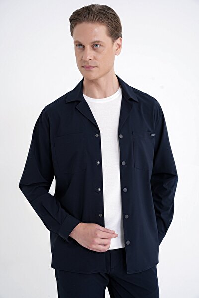 Efor Comfort Fit Apaş Collar Textured Patterned 100% Cotton Navy Blue Shirt J...