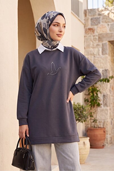 Modamorfo Kuş Desenli Taşlı Tunik -füme