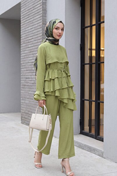 Modamorfo Asymmetrical Layered Detailed Lace-Up Trousers Lined Cupra Set -A.G...