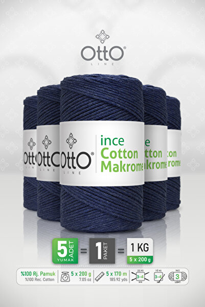 Otto Thin Cotton Macrame - Navy Blue - 5 Pack - 2Mm/200Gr/170M - Cotton Macra...