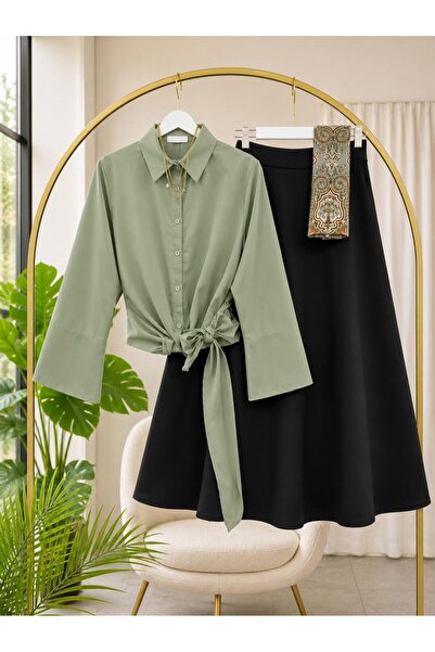 MODA VEDAT Women's Tie-Detail Shirt - Puff Scuba Skirt Set -0490 (Excluding S...