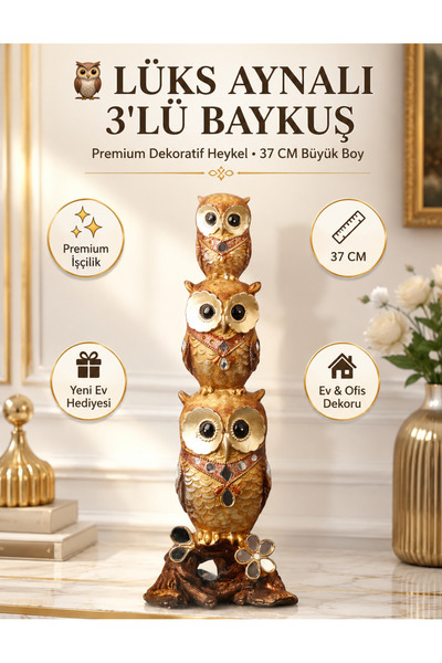 e-life shop Lüks Aynalı 3'lü Baykuş Biblo 37 Cm Premium Dekoratif Heykel Ev O...