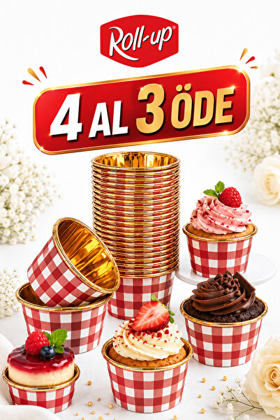Dolphin Kırmızı-Altın Kare Desenli Muffin Kek Kapsülü 25li Şık Sunum İçin Pra...