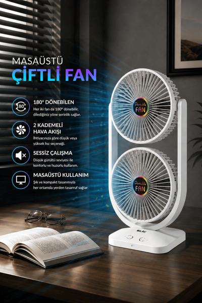 Enshall Çift Fanlı Blıc Vantilatör Masaüstü 180° Ayarlanabilir Şarjlı Mini So...