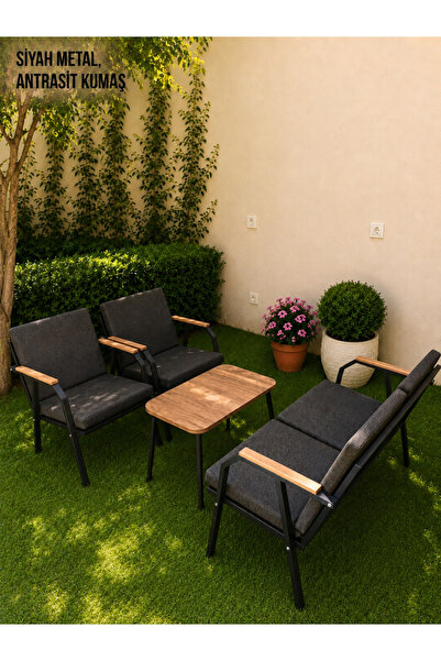 Dekoroom's VİENTO 2-1-1 BAHÇE BALKON MOBİLYASI,SEHPALI,KUMAŞ RENGİ 01 ANTRASİT