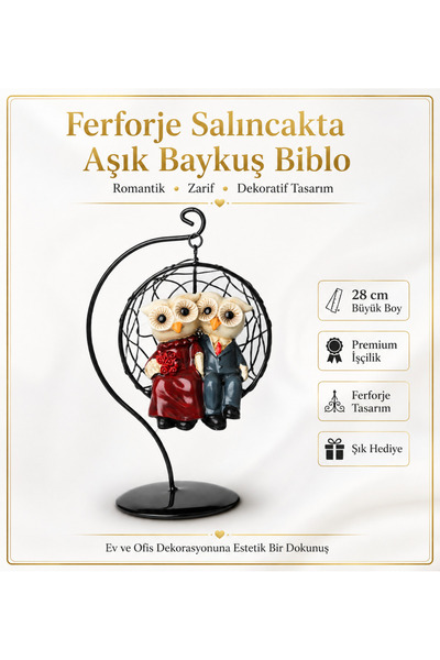 e-life shop Ferforje Salıncaklı Aşık Baykuş Biblo 28 cm Reçine Heykel Dekor E...