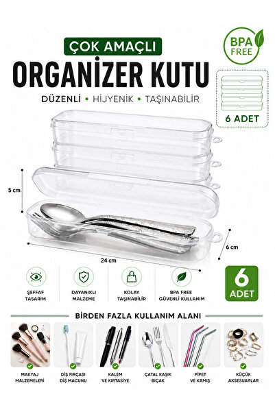Çok Amaçlı Organizer Kutu | Çatal Kaşık Bıçak Saklama Kutusu | Seyahat ve Piknik Taşıma Kutusu | Diş Fırçası Kutusu | BPA Free Şeffaf Saklama Kabı | 6 Adet