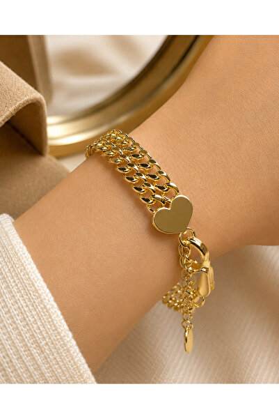 Çi & Sİ Luxury Accessory Gold Çift Kalp Detaylı İki Sıra Zincir Bileklik XUPİNG